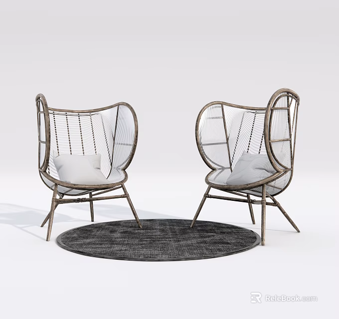 Modern Wicker Leisure Chairs with Metal Frame Plush Cushions and Round Dark Rug 3d model 