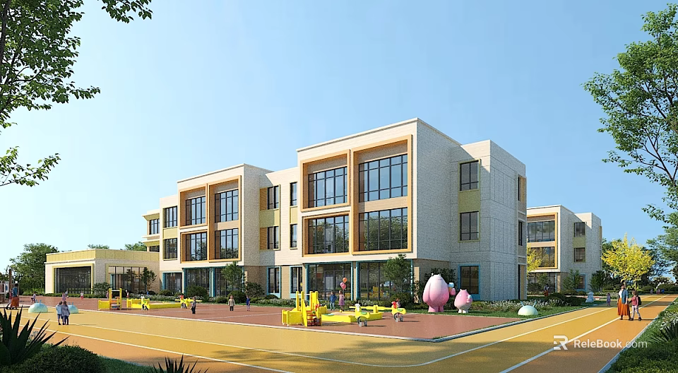 Modern School Building with Large Glass Windows Light Exterior and Playground with Children Cartoon Figures 3d model