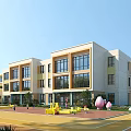 Modern School Building with Large Glass Windows Light Exterior and Playground with Children Cartoon Figures 3d model