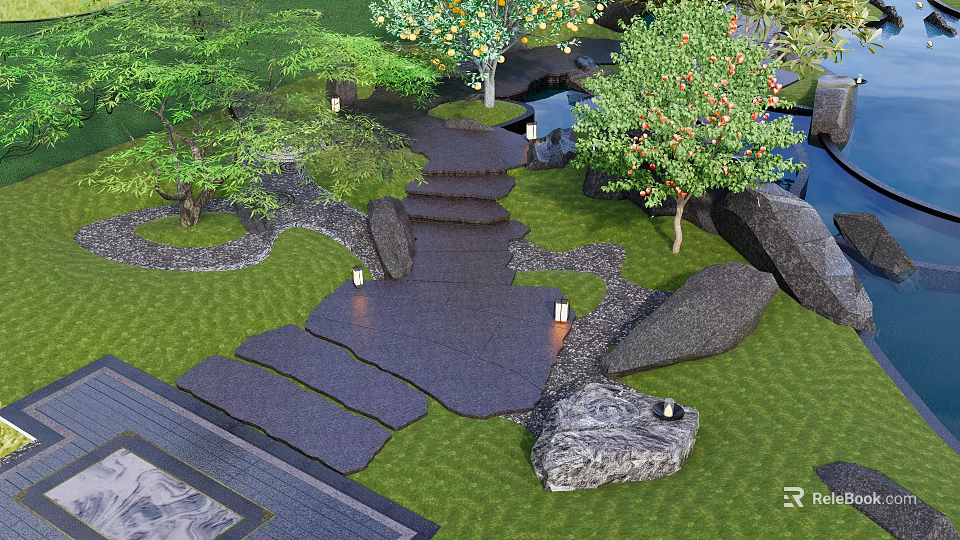 Karesansui Garden Landscape With Stepping Stones Stone Lanterns Rocks Trees And Pond 3d model 