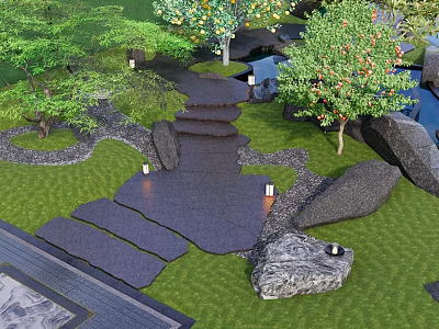 Karesansui Garden Landscape With Stepping Stones Stone Lanterns Rocks Trees And Pond 3d model