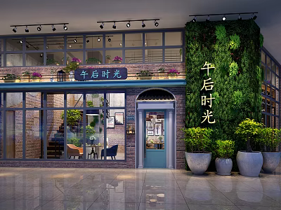 Cozy Restaurant Exterior Design With Living Plant Wall Large Windows And Brick Walls 3d model