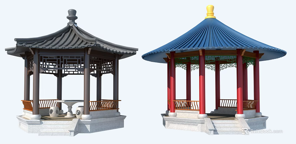 Traditional Chinese Pavilions With Dark Blue Roofs Yellow Finials Red Columns And Carved Railings 3d model 
