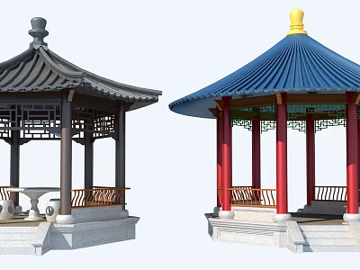 Traditional Chinese Pavilions With Dark Blue Roofs Yellow Finials Red Columns And Carved Railings 3d model