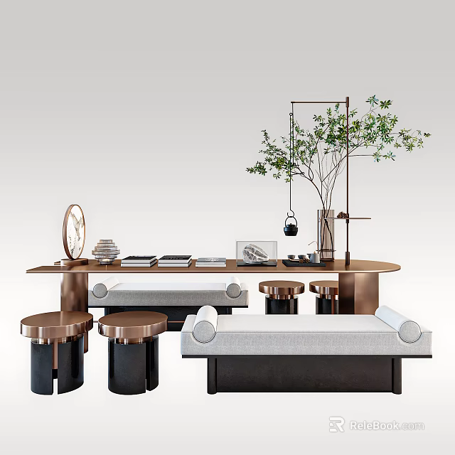 Modern Tea Table and Chairs Set with Wooden Top Metal Legs and Green Plant 3d model 