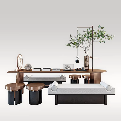 Modern Tea Table and Chairs Set with Wooden Top Metal Legs and Green Plant 3d model