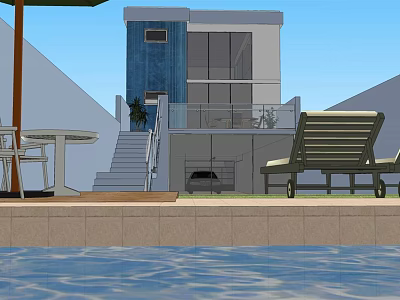 Modern Garden Landscape With Swimming Pool Deck Chairs Glass Railings Stairs And Table 3d model