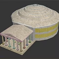 White Architectural Model With Circular Steps Columns And Golden Geometric Frieze