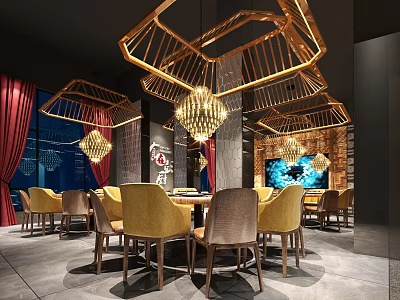 Luxurious Banquet Hall Interior With Golden Chandeliers Dining Tables Yellow Chairs And Red Curtains 3d model