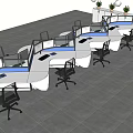 Modern L Shaped Office Desk Arrangement With Computer Monitors Black Office Chairs And Green Plants