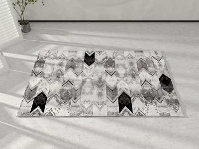 Black and White Square Rug with Geometric Pattern in Modern Living Room with White Walls and Potted Plant 3d model