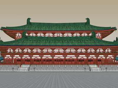 Ancient Chinese Architecture Traditional Design With Double Roof Green Glazed Tiles And Red Pillars 3d model