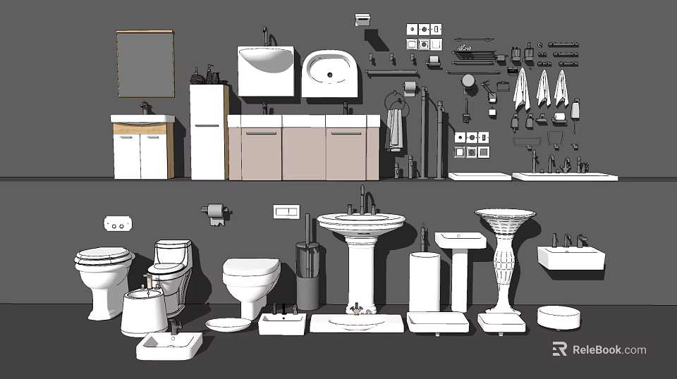 Various Bathroom Washbasin Designs with Cabinets Mirrors and Toilet Fixtures 3d model 