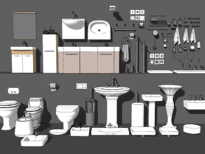 Various Bathroom Washbasin Designs with Cabinets Mirrors and Toilet Fixtures 3d model
