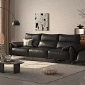 Modern Living Room Black Leather Three Seater Sofa with Plaid Cushion Wall Art Floor Lamp