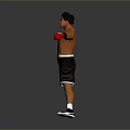 Shirtless Man In Black Shorts With Red Boxing Gloves In Boxing Stance On Gray Background