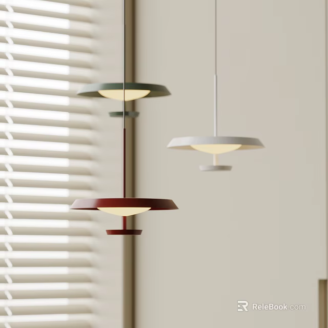 Modern Pendant Lights in Green Red White with Minimalist Design Hanging Near Window Blinds 3d model 