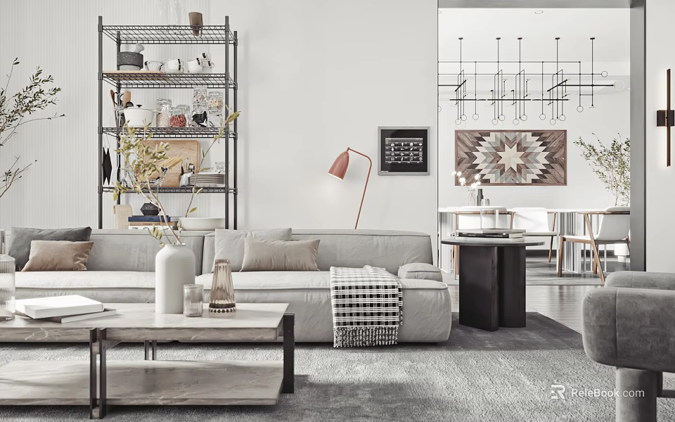 Modern Living Room Interior With Gray Sofa Wooden Coffee Table Metal Floor Lamp And Decorative Painting 3d model 