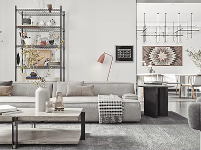 Modern Living Room Interior With Gray Sofa Wooden Coffee Table Metal Floor Lamp And Decorative Painting 3d model