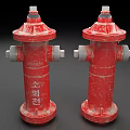 Two Red Fire Hydrants With White Valves And Base On Dark Surface 3d model