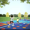 People Enjoying Volleyball Game On Colorful Sports Court Under Sunny Sky With Green Trees