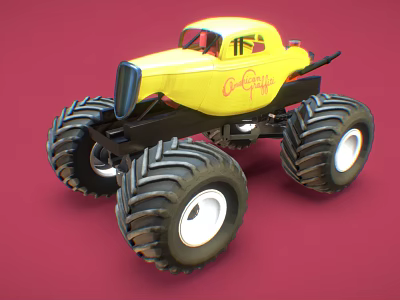 Yellow Monster Truck With Large Tires And O'Caffy Logo On Red Background 3d model