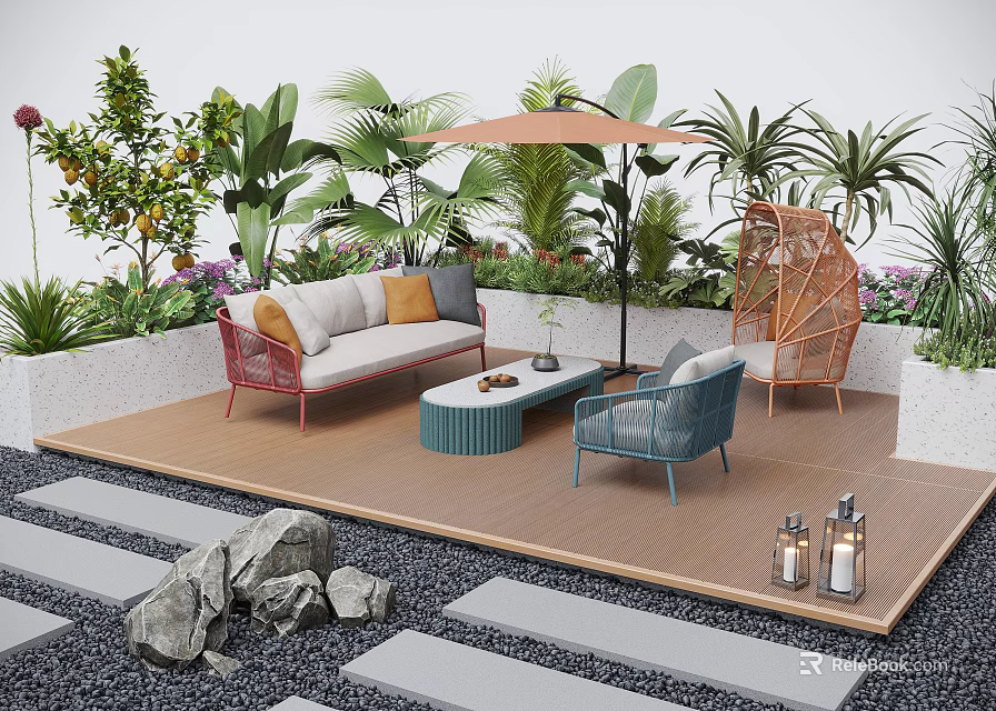 Cozy Courtyard Garden With Sofa Chair Table Umbrella Plants Stone Path And Decorative Bottles 3d model 