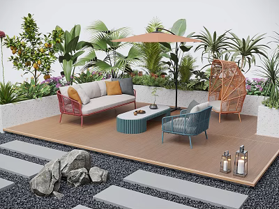 Cozy Courtyard Garden With Sofa Chair Table Umbrella Plants Stone Path And Decorative Bottles 3d model