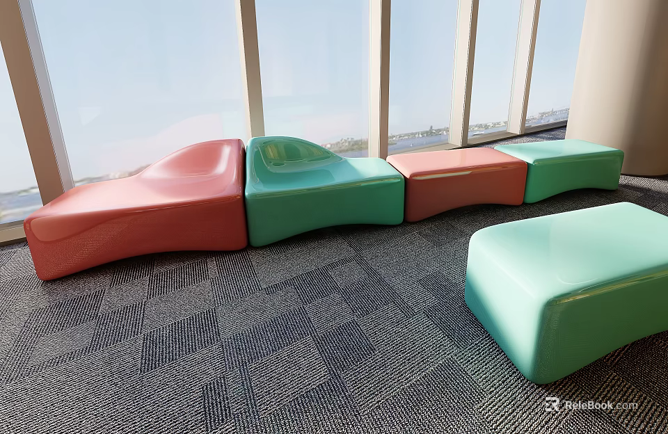 Colorful Public Chairs With Modern Modular Design In Indoor Space By Large Windows 3d model 