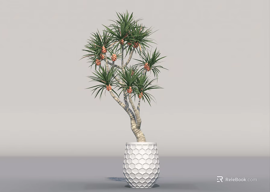 Indoor Tropical Plant with Green Leaves and Orange Fruits in White Honeycomb Textured Pot 3d model 