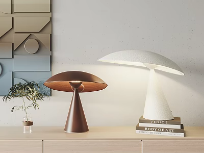 Modern Copper And White Mushroom Shaped Table Lamps With Small Plant Books On Wooden Shelf 3d model