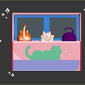 Pink Cat House With Orange White Cats Blue Interior Green Patterns And Stars