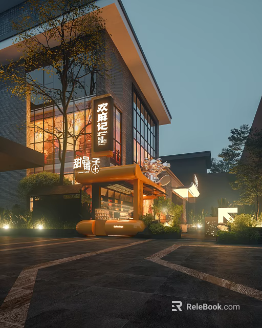 Modern Restaurant Exterior With Glass Facade Lighting Greenery Dessert Theme Signage And Entrance Design 3d model 