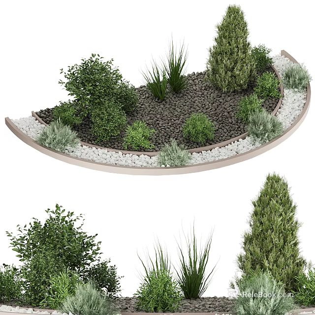 Modern Roadside Green Facilities With Curved Border Gravel And Various Shrubs 3d model 