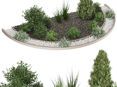 Modern Roadside Green Facilities With Curved Border Gravel And Various Shrubs 3d model