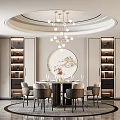 Elegant Restaurant Interior With Round Dining Table Chandelier Circular Wall Art And Shelving Cabinets