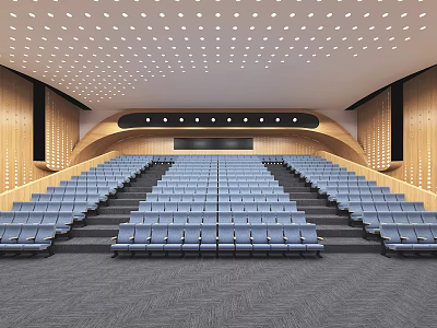 Modern Library Auditorium Interior Design With Blue Seats And Ceiling Lights 3d model