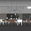 Modern Restaurant Interior With Open Layout Dining Table And Pendant Lights 3d model