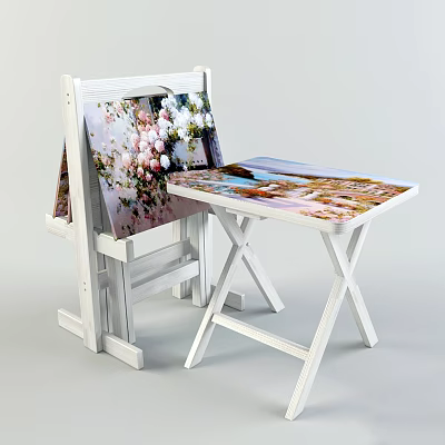 White Wooden Easel And Small Table Displaying Painted Artwork For Musical Instrument Painting Tools 3d model