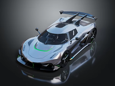 Silver Gray High Performance Supercar With Sleek Body Green Accent Strip And Large Rear Wing 3d model
