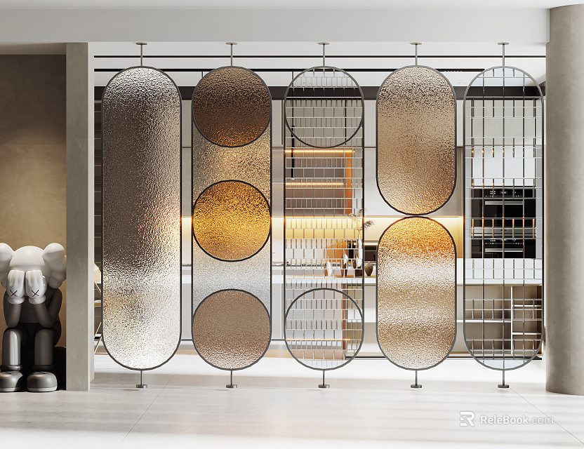 Modern Glass Room Divider With Circular Patterns And Metal Frame In Interior Space 3d model 