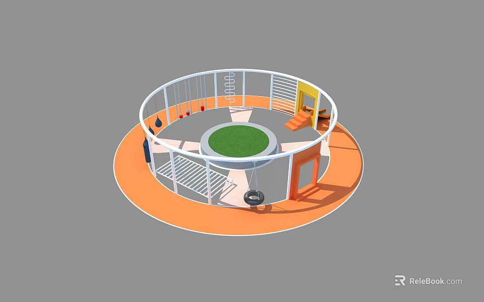 Circular Playground Equipment With White Railings Green Central Area Orange Surface And Play Components 3d model 