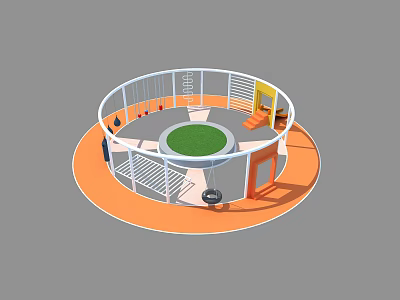 Circular Playground Equipment With White Railings Green Central Area Orange Surface And Play Components 3d model