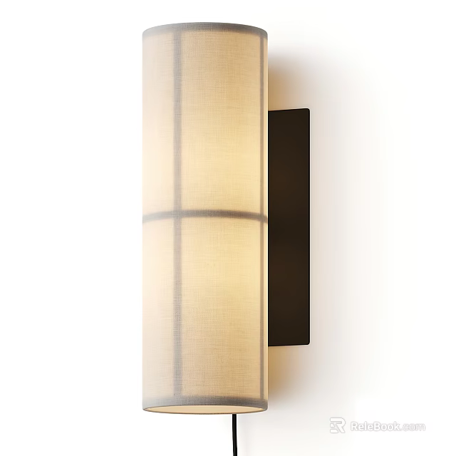 Modern Beige Linen Wall Sconce With Gray Lines Black Metal Frame On White Wall 3d model 