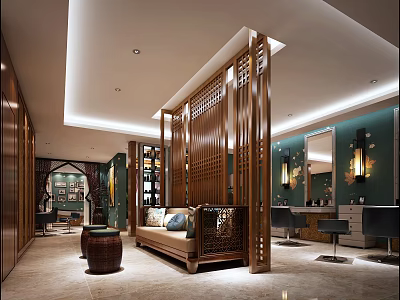 Modern Chinese Style Beauty Hair Salon Interior With Wooden Partition Sofa Mirrors and Styling Chairs 3d model