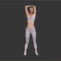 Fit Woman Stretching Arms Overhead in Sports Bra and Athleisure Pants on Neutral Background