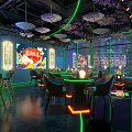 Stylish Bar Interior With Purple Flower Decor Umbrellas Neon Lights Chinese Style Bar Counter Wine Racks