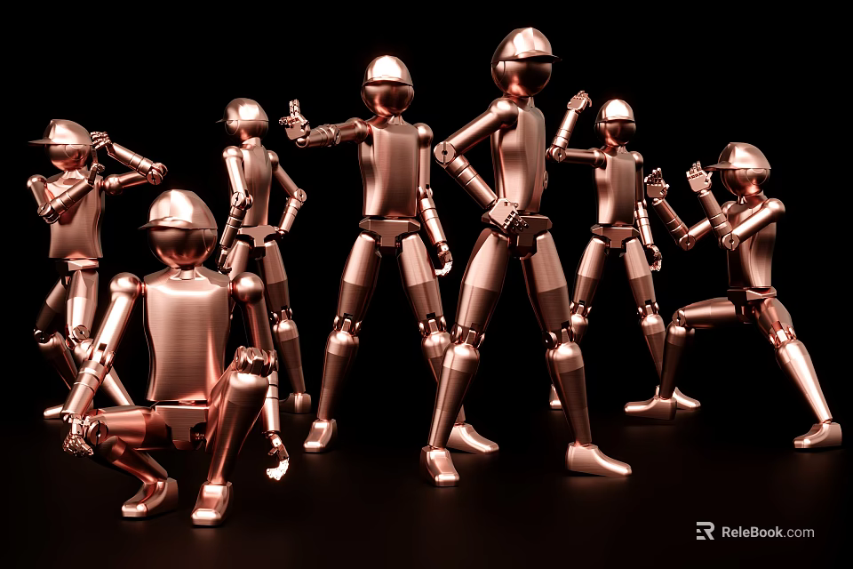 Rose Gold Metallic Game Movie Characters In Various Action Poses On Black Background 3d model 