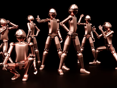 Rose Gold Metallic Game Movie Characters In Various Action Poses On Black Background 3d model