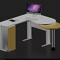 L Shaped Office Desk With White Surface Yellow Cabinet Computer Monitor Keyboard Mouse And Tablet